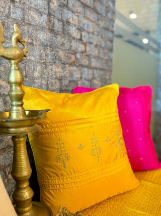 Gold Motif on Yellow Hand Embroidered Cushion Cover