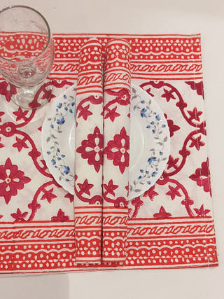 Hand Block Printed Table Runner and Mat Set Red