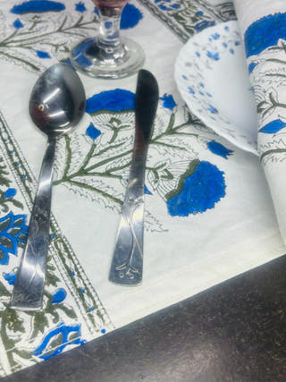 White and Blue Block Printed Table Runner and Mats - Set of 6