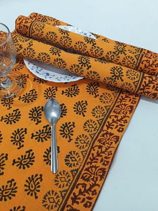 Cotton Block Print Runner and Mats - Set of 6