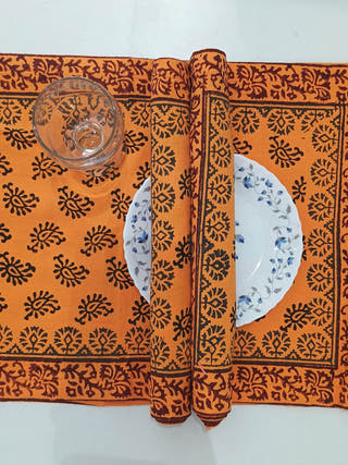 Cotton Block Print Runner and Mats - Set of 6