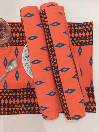 Diamond Hand Block Print Runner and Mats - Set of 6