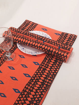 Diamond Hand Block Print Runner and Mats - Set of 6