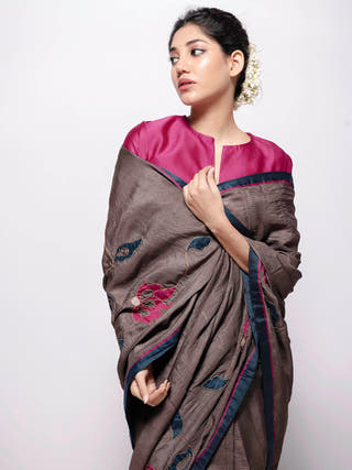 Deep Grey Wild Silk Applique Saree Bihart 