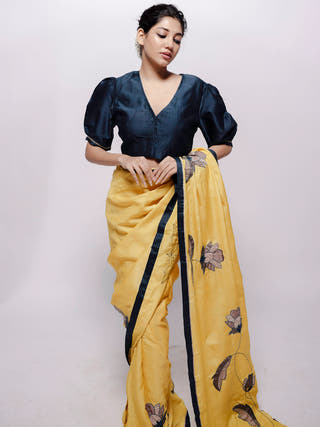 Yellow Wild Silk Applique Saree Bihart 