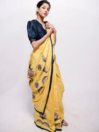 Yellow Wild Silk Applique Saree Bihart Yellow, Teal & Beige