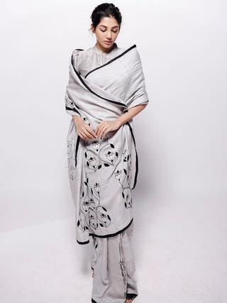 Grey Wild Silk Applique Saree Bihart Grey, Black & Off-White
