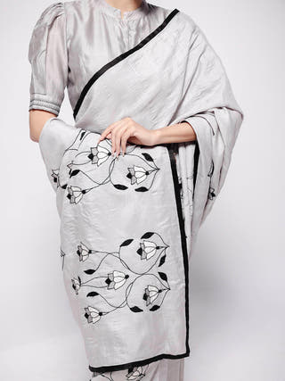 Grey Wild Silk Applique Saree Bihart 