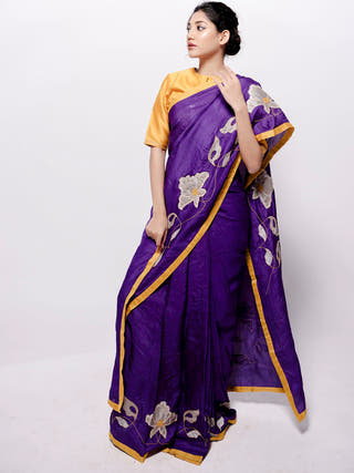 Purple Wild Silk Applique Saree Bihart Purple, Mustard Yellow & Grey