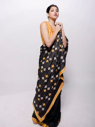 Black Wild Silk Applique Saree Bihart Black, Yellow & Beige