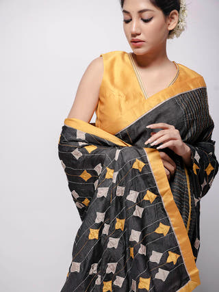 Black Wild Silk Applique Saree Bihart 