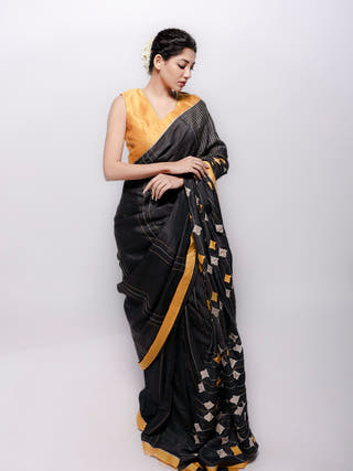 Black Wild Silk Applique Saree Bihart 