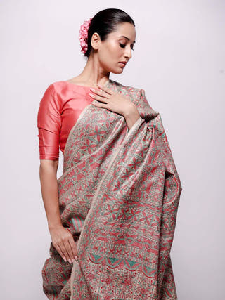 Beige Saree with Red Madhubani Bihart 