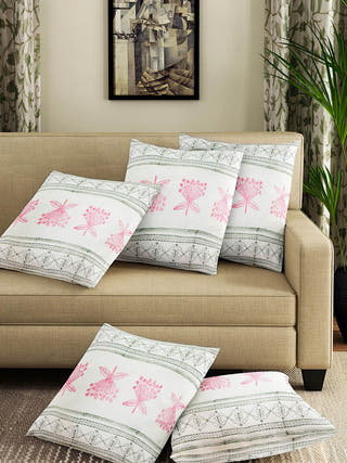 Floral Booti Handblock Cushion Covers Cotton White Alankaran