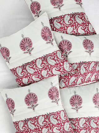 Floral Border Handblock Printed Cushion Covers (Set of 5)