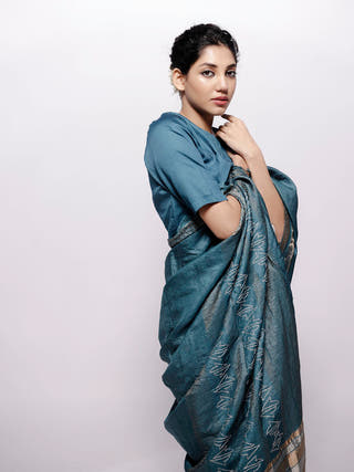Teal Zari  Saree Bihart 