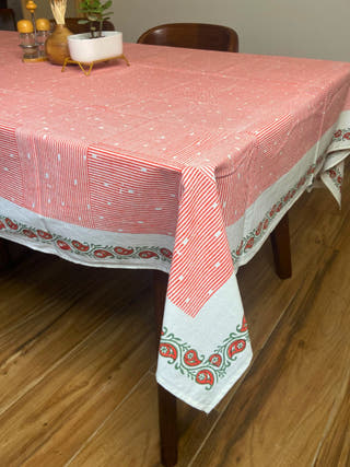 Red Hatch with Paisley Border Hand Block Printed Table Cloth
