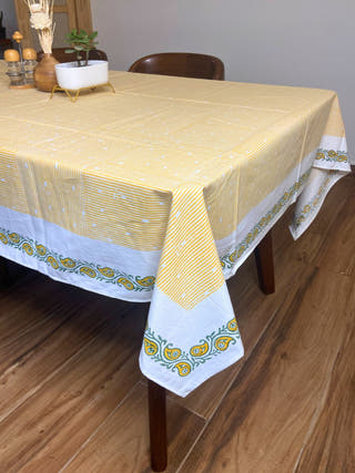 Yellow Hatch with Paisley Border Hand Block Printed Table Cloth