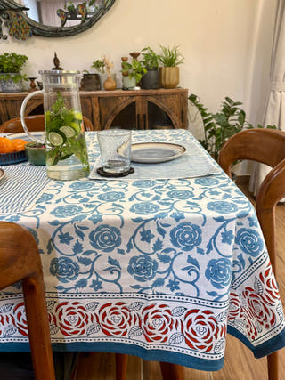 Blue Rose Square Hand Block Printed Table Cloth