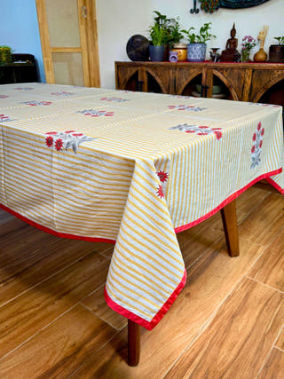 Yellow Stripes with Red Bouquet Hand Block Printed Table Cloth