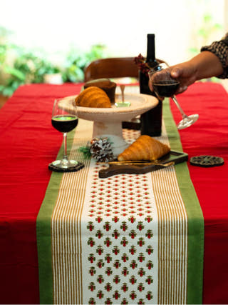 Tiny Flowers and Brown Stripes Hand Block Printed Table Runner
