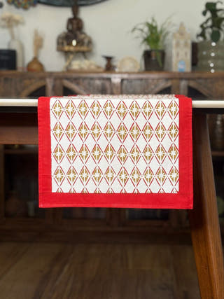 Red and Beige Minimalistic Hand Block Printed Table Runner