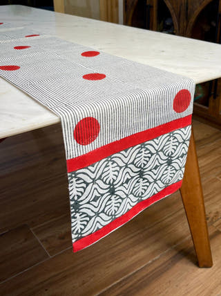 Grey Stripes with Red Polka Hand Block Printed Table Runner