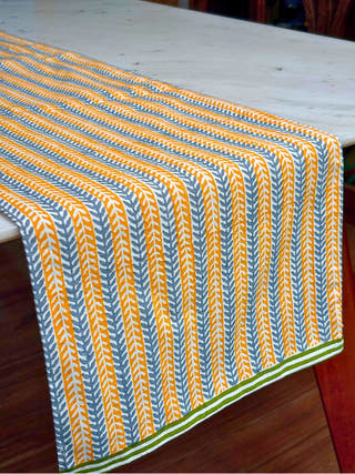 Grey and Mustard Leaves Hand Block Printed Table Runner