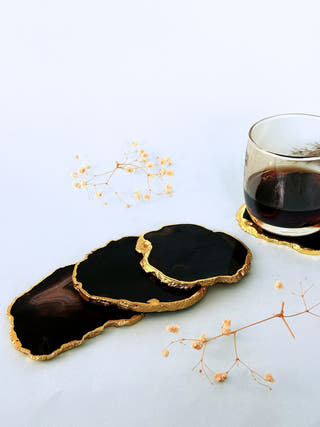 Black Agate Coasters with Gold Edge (Set of 2)