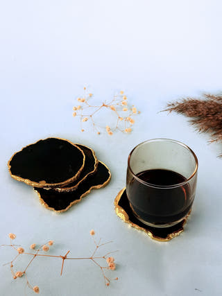 Black Agate Coasters with Gold Edge (Set of 2)