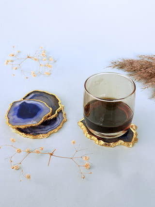Blue Agate Coasters with Gold Edge (Set of 2)