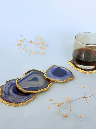 Blue Agate Coasters with Gold Edge (Set of 2)