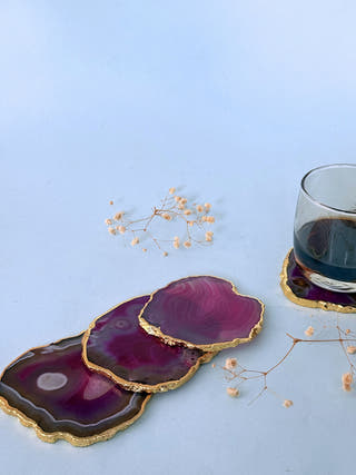 Pink Agate Coasters with Gold Edge (Set of 2)