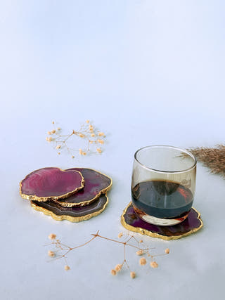 Pink Agate Coasters with Gold Edge (Set of 2)