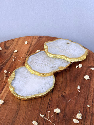 White Agate Coasters with Gold Edge (Set of 2)