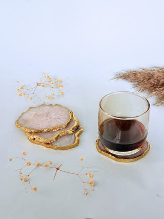 White Agate Coasters with Gold Edge (Set of 2)