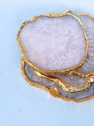 White Agate Coasters with Gold Edge (Set of 2)