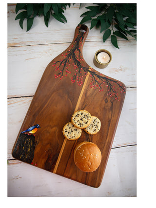 Nature Inspired Handpainted Teakwood Platter Cheese Board With Handle Brown Deco Talk