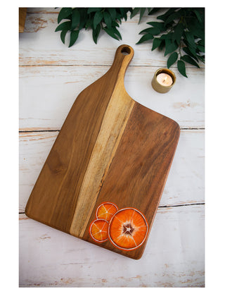Handpainted Tangerines Teakwood Platter Cheese Board With Handle Brown Deco Talk