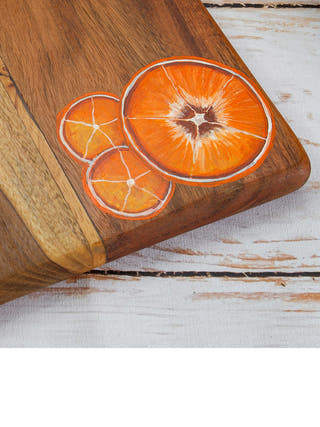 Handpainted Tangerines Teakwood Platter Cheese Board With Handle Brown Deco Talk