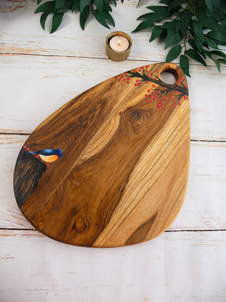 Nature Inspired Handpainted Egg Shaped Teakwood Platter Cum Cutting Board Brown Deco Talk