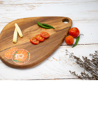 Tangerine Handpainted Egg Shaped Teakwood Platter Cum Cutting Board Brown Deco Talk