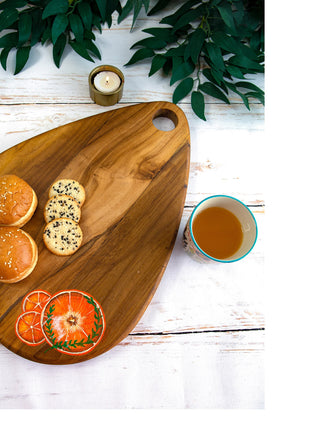 Tangerine Handpainted Egg Shaped Teakwood Platter Cum Cutting Board Brown Deco Talk