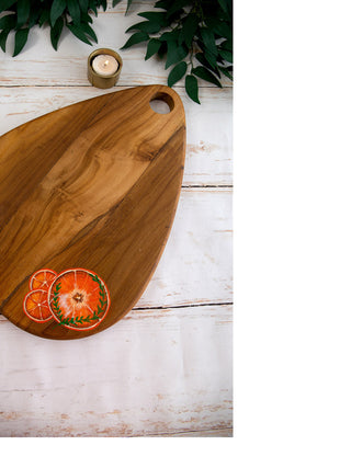 Tangerine Handpainted Egg Shaped Teakwood Platter Cum Cutting Board Brown Deco Talk