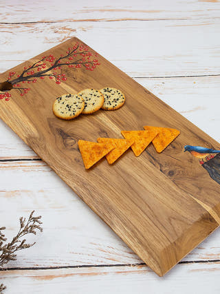 Nature Inspired Handpainted Teakwood Platter Cum Chopping Board Brown Deco Talk
