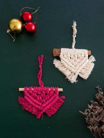 Macrame Christmas Tree Ornament - Diamond Set of 2 Colour Red and white