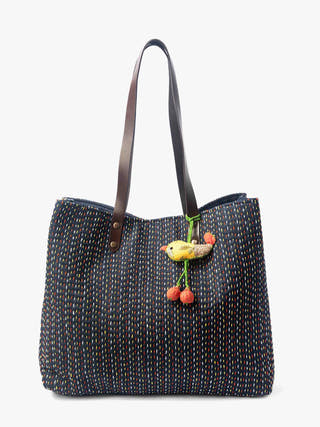 Bird Charm Denim Tote Bag