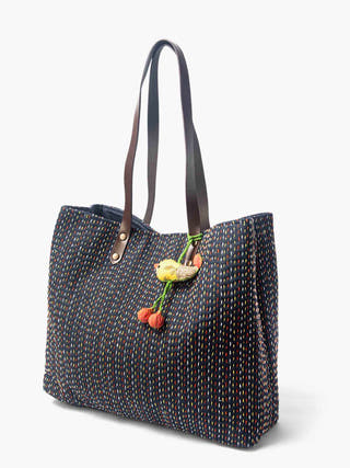 Bird Charm Denim Tote Bag