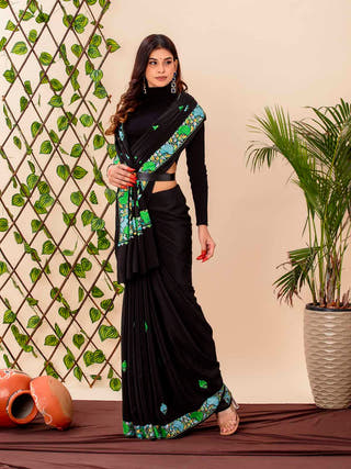 Black Midnight Garden Sozni Embroidered Pure Crepe Saree