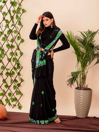Black Midnight Garden Sozni Embroidered Pure Crepe Saree